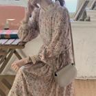 Long-sleeve Lace Trim Floral Midi A-line Dress