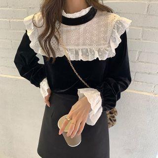 Mock-neck Lace Panel Velvet Top Black - One Size