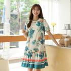 Round-neck Floral Print Ruffle-hem Dress Cream - One Size