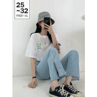 Deep-slit Straight-cut Distressed Jeans