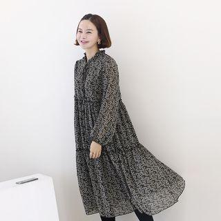 Frill-collar Floral Chiffon Midi Dress