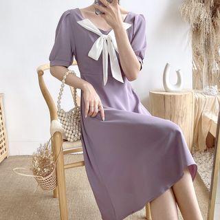 Short-sleeve Front-tie A-line Midi Dress