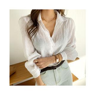 Bishop-sleeve Crinkled Shirt Ivory - One Size