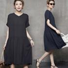 V-neck Cuff-sleeve A-line Dress
