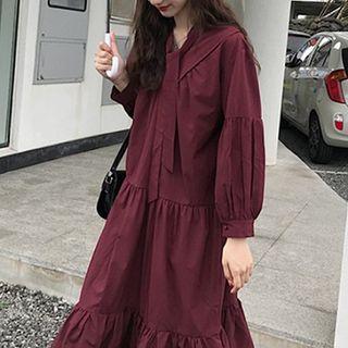 Plain V-neck Lace-up Long-sleeve Ruffled-trim Dress