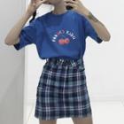 Cherry Print Short Sleeve T-shirt / Plaid A-line Skirt