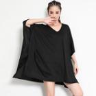 Elbow-sleeve Batwing V-neck Top Black - One Size