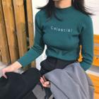 Lettering Embroidered Mock Neck Long-sleeve Knit Top