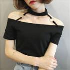 Halter Off-shoulder Slim-fit Short-sleeve Cropped Top