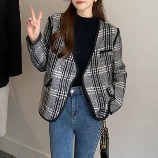 V-neck Woolen Plaid Long-sleeve Jacket
