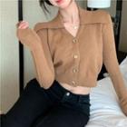 Collared Cropped Cardigan Khaki - One Size