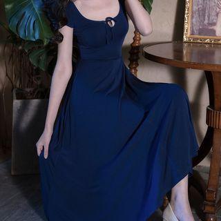 Cap-sleeve Scoop Neck Midi A-line Dress