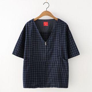Short-sleeve Plaid Zipped Blouse