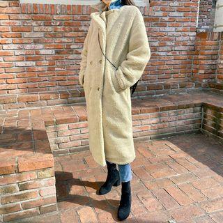 Denim-trim Sherpa-fleece Long Coat Beige - One Size