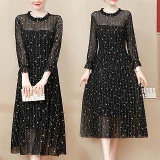 Star Print Bell-sleeve Midi A-line Mesh Dress