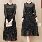 Star Print Bell-sleeve Midi A-line Mesh Dress