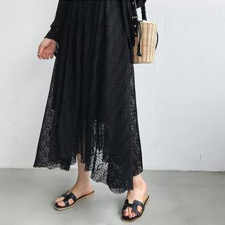 Band-waist Lace-overlay Maxi Flare Skirt