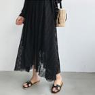 Band-waist Lace-overlay Maxi Flare Skirt