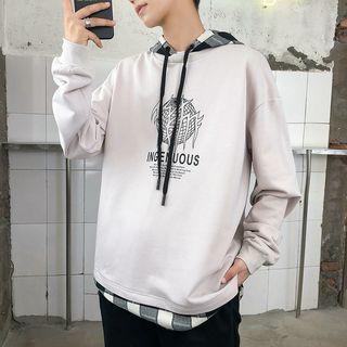 Mock Two-piece Plaid Planet Print Hoodie