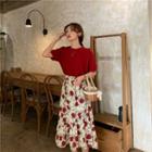 Plain Short-sleeve T-shirt / Flower Print Maxi Skirt