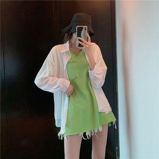 Plain Loose-fit Short-sleeve Top / Plain Frayed Long-sleeve Blouse