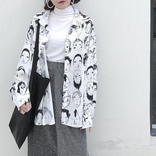 Print Long-sleeve Blouse / Turtleneck Long-sleeve Top / Plain Midi Skirt