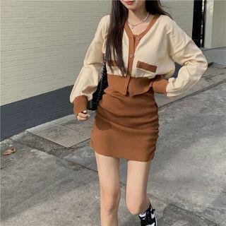 Set: Contrast Trim Cardigan + Spaghetti Strap Mini Sheath Dress Caramel - One Size