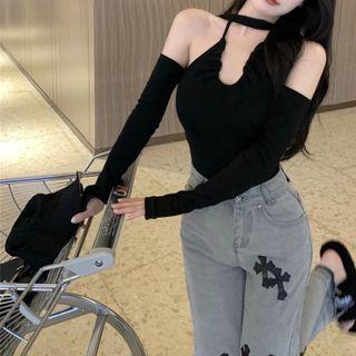 Long-sleeve Cold Shoulder Plain T-shirt Black - One Size