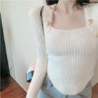 Square-neck Button Ribbed Knit Top
