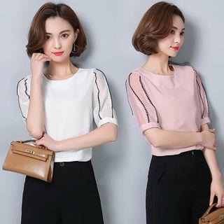 Elbow-sleeve Piping Chiffon Top