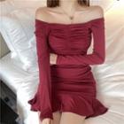 Long-sleeve Crinkled Mini Mermaid Dress Wine Red - One Size