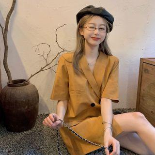 Elbow-sleeve Double-breasted Mini Blazer Dress Orange - One Size