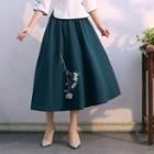 Floral Embroidery A-line Midi Skirt Green - One Size