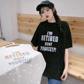 Glitter Lettering Elbow-sleeve T-shirt