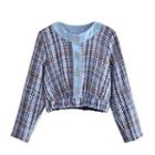 Long-sleeve Denim Panel Plaid Cropped Top