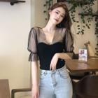 Elbow-sleeve Mesh Panel Rib Knit Top