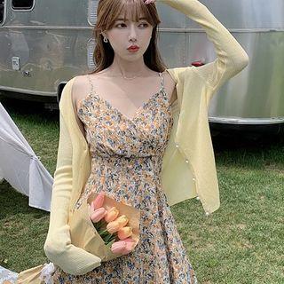 Spaghetti Strap Floral Mini A-line Dress / Plain Knit Cardigan