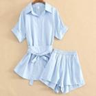 Set: Short-sleeve Sashed Shirt + Shorts