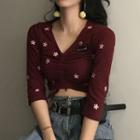 3/4-sleeve Embroidered Drawstring Cropped Top