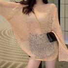 Long-sleeve Perforated Knit Top Nude Pink - One Size