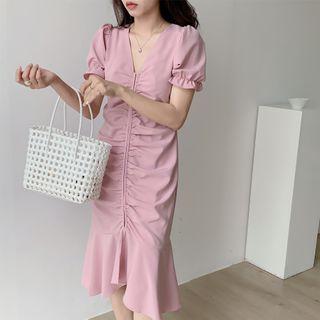 Short-sleeve Ruffled Hem Midi Sheath Dress