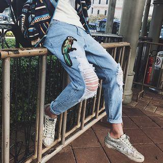 Bird Embroidered Distressed Jeans