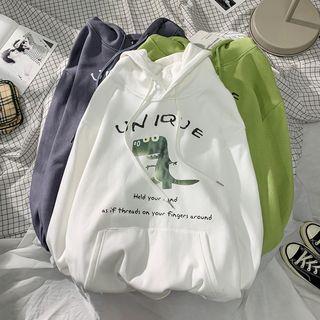 Lettering Dinosaur Front Pocket Hooded Sweatshirt