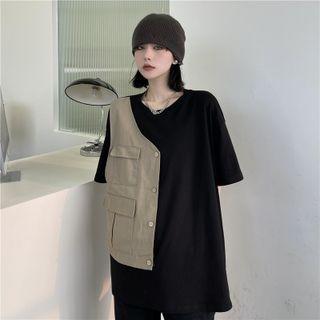 Mock Two-piece Elbow-sleeve Cargo Pocket T-shirt Black - One Size