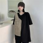 Mock Two-piece Elbow-sleeve Cargo Pocket T-shirt Black - One Size