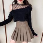 Mesh Off-shoulder Long-sleeve Top + High-waist Skirt
