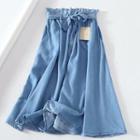 Paperbag-waist Midi Denim Skirt