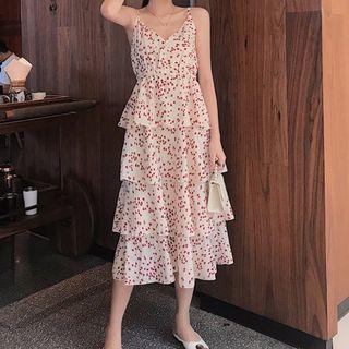 Spaghetti Strap Midi A-line Layered Dress