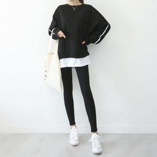 Set: Round-neck Layered Pullover + Contrast-trim Leggings