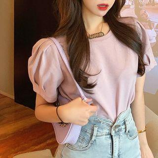 Puff-sleeve Top / Mini Pencil Denim Skirt